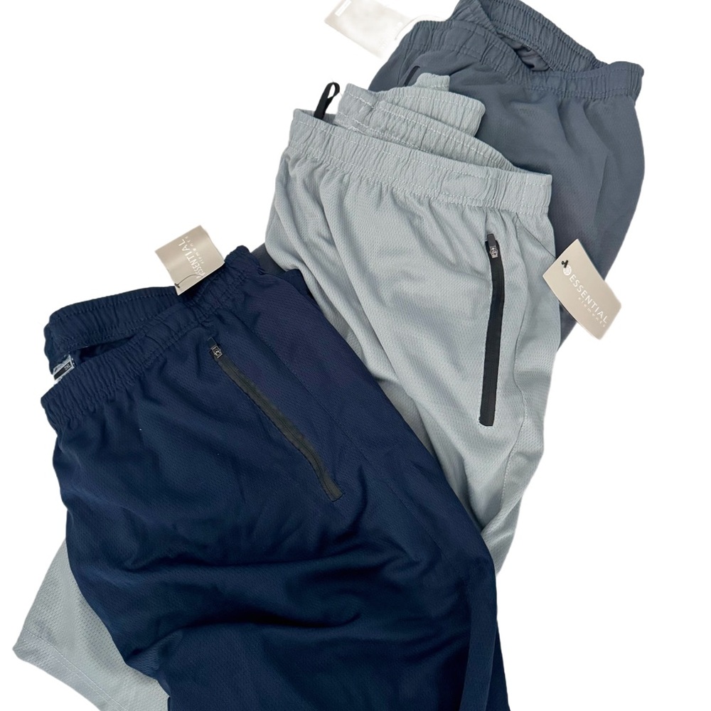 3 pack Men's Athletic Shorts in Light Gray, Darker Grey, and Navy Blue